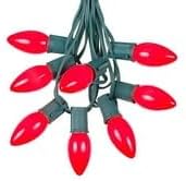 25 Foot C9 Red Ceramic Christmas String Light Set - Outdoor Christmas Light String - – Opaque Christmas Bulbs - Roofline Light String – Outdoor String Lights - Green Wire