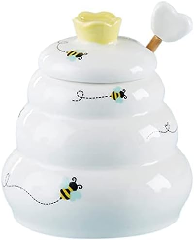 Kate Aspen Sweet as Can Bee Ceramic Mini Honey Pot with Wooden Honey Dipper (3.4 oz) Honey Jar, Bee Decor, White/Yellow (23261WT)
