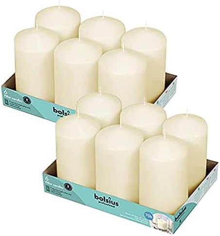BOLSIUS 12 Ivory Pillar Candles Bulk - 3x6 Inches Candle Set - 70+ Hours Clean Burning - No Palm Oil - 0% Animal Fat - Premium European Quality - Unscented Dripless Party Pillars