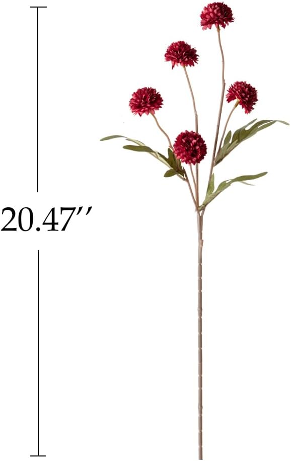 Artificial Kiku Flower Burgundy - 5 Pcs Fake Pompon Mums Silk Small Chrysanthemum Faux Ball Fall Flower Stem Decor for Autumn Wedding Filler DIY Bouquet Centerpieces Arrangements Shower (Burgundy)