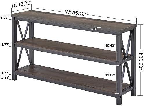 FATORRI Console Table for Entryway, Sofa Tables Behind Couch, Rustic Wood and Metal Foyer Table with 3 Tier Shelves for Hallway Living Room, Front Door (55 Inch, Walnut Brown)