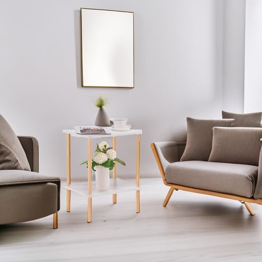 Apicizon 2 Tier End Table, Small Side Table with Solid Wood Legs, Boho Bedside Table with Storage Shelf, Nightstand for Small Spaces, Bedroom, Living Room, Entryway, Easy Assembly, White+Natural