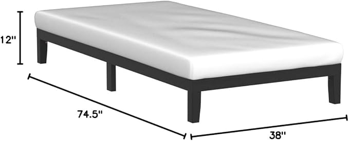 Mellow Naturalista Classic 12 Inch Solid Wood Platform Bed with Wooden Slats, Twin, Black