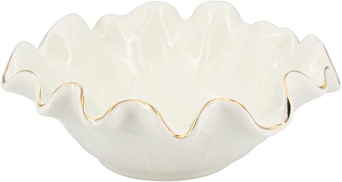 Small White Lotus Ceramic Decorative Bowl,Ruffle Lotus Leaf Decor Bowl with Gold Trim for Coffee Table Counter,Beautifully Catch All Bowl for Keys Coins near Entryways,Capacity about 2 Cups