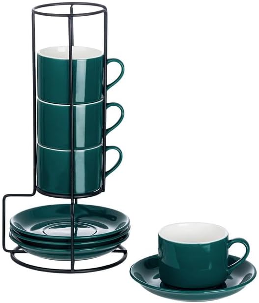 4oz Porcelain Stackable Espresso Cups with Saucers and Metal Stand Set of 4, Stackable Cappuccino Cups, Green Expresso Shots Cup Set for Coffee Drinks, Latte, Americano, Tea