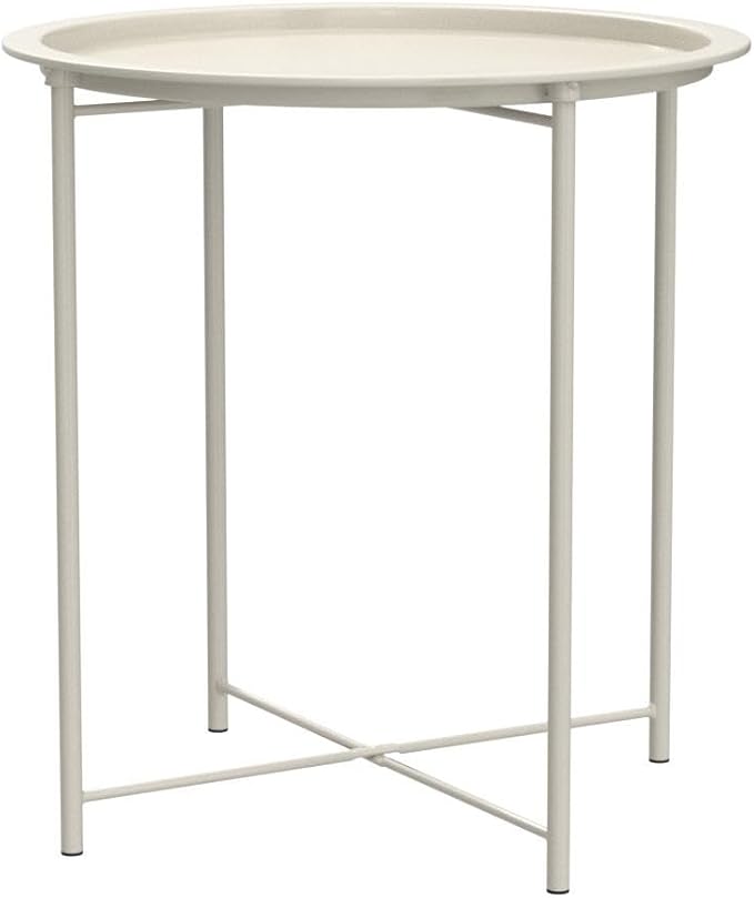 VECELO Side/End Table, Folding Round Metal Anti-Rust and Waterproof Outdoor or Indoor Tray for Living Room Bedroom Balcony and Office, 2 PCS, Beige