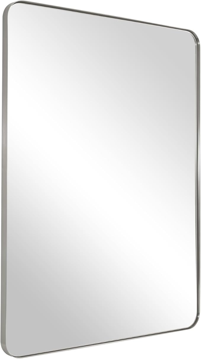 ANDY STAR Wall Mirror Brushed Nickel for Bathroom, 24x36x1 Rounded Rectangle Mirror with Stainless Steel Silver Metal Frame, Modern Bathroom Vanity Mirror