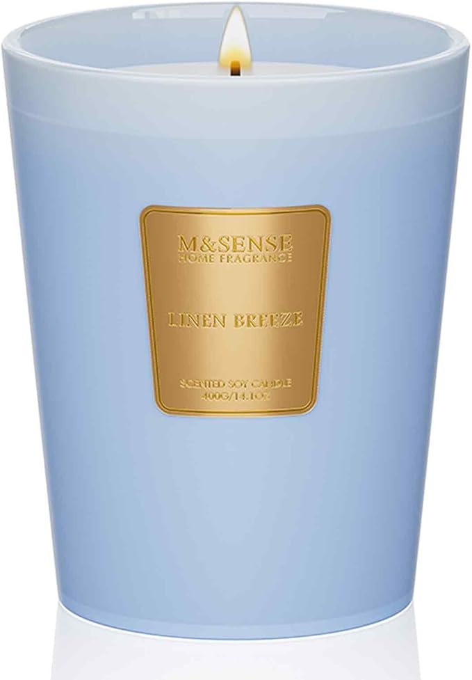 M&SENSE Linen Breeze Scented Natural Soy Wax Candle, 14.1oz 60 Hours Long Lasting Slow Burning Candles for Home Decor, Aromatherapy Candle for Stress Relief