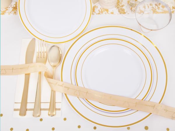 GATHER 176 Pieces Gold Dinnerware Disposable - White and Gold Plastic Plates Includes 50 Plates, 25 Plastic Silverware, 25 Napkins, 25 Cups and 1 Tablecloth for Wedding Party Thanksgiving