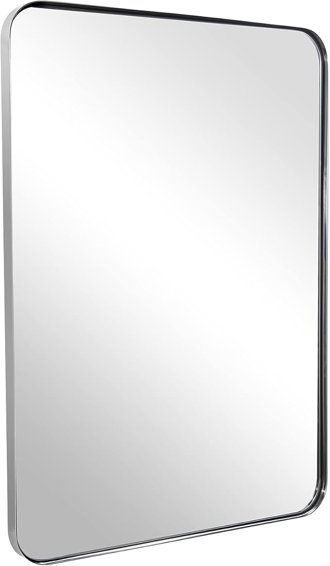 ANDY STAR Chrome Mirror for Bathroom, 24"x36" Metal Frame Wall Mirror with Rounded Corner, Modern Rectangle Bathroom Vanity Mirror with Polish Finish