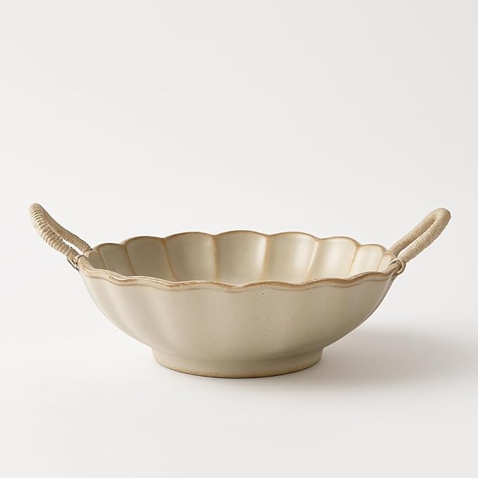 Small Vintage Scalloped Ceramic Bowl with Rope Handles, Retro Style Glazed Purse Bowl for Serving Fruit,Salad,Table Centerpiece Decor (Retro Yellow)
