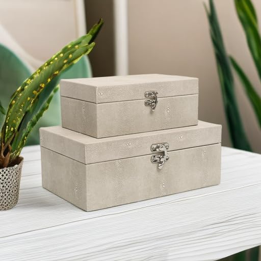 Faux Shagreen Leather Decorative Storage Boxes Set of 2, Ivory
