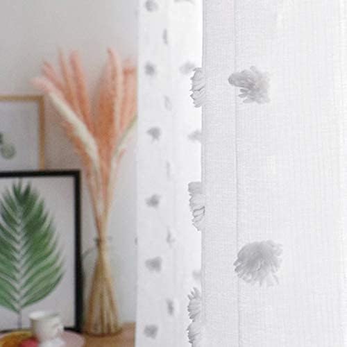 MYSKY HOME Pom Pom White Sheer Curtains for Bedroom Girls Room Curtains 72 Inches Long for Nursery Kids Light Filtering Boho Window Drapes, Rod Pocket, 38" Wide, 2 Panels