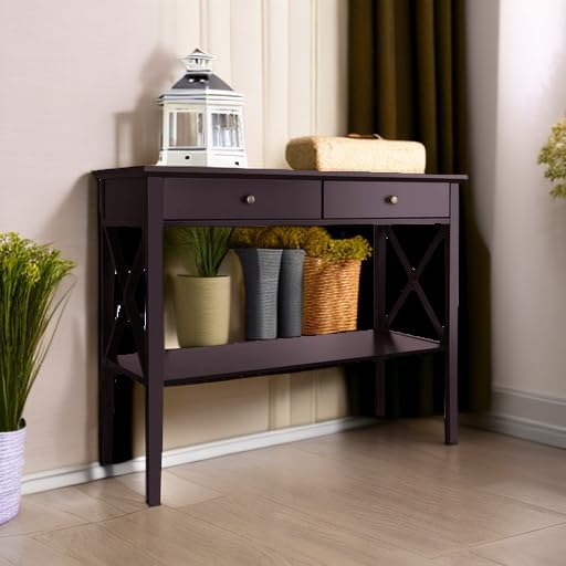 ChooChoo Console Table with Drawers, Narrow Wood Accent Sofa Table Entryway Table with Storage Shelf for Entryway, Front Hall, Hallway, Living Room, Espresso