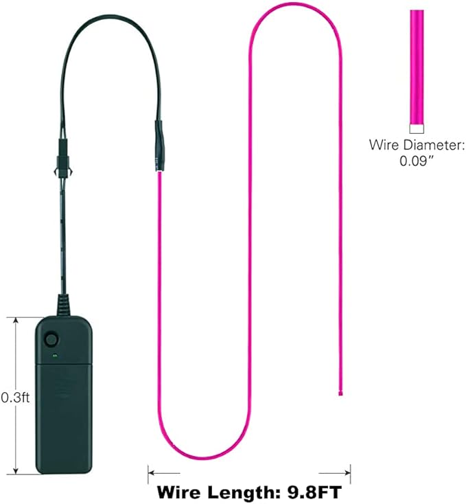 MaxLax EL Wire Pink, 9.8ft/3m Portable Battery Pack Neon Light Strip 360° Cuttable Glowing Rope Lights for Parties, Halloween, DIY Decoration