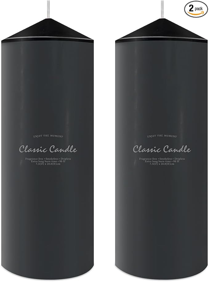 Emergency Candle, Hand Poured Pillar Candles Set of 2, 3x8 inches Unscented Large Black Candle, Smokeless Dripless and Non-Toxic Tall Candles Bulk for Power Outage Candles