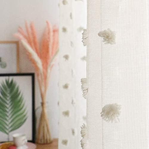 MYSKY HOME Pom Pom Beige Sheer Curtains for Bedroom Girls Room Curtains 63 inch Length for Nursery Kids Light Filtering Boho Window Drapes, Rod Pocket, 38" Wide, 2 Panels