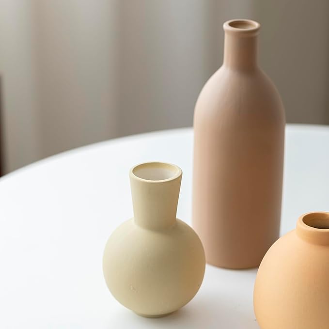 Modern Ceramic Vase Set of 3, Decorative Flower Vases for Home, Multicolor Pottery Vases for Living Room, Kitchen, Bedroom, Shelf, Rustic Farmhouse (Light Green Mix)