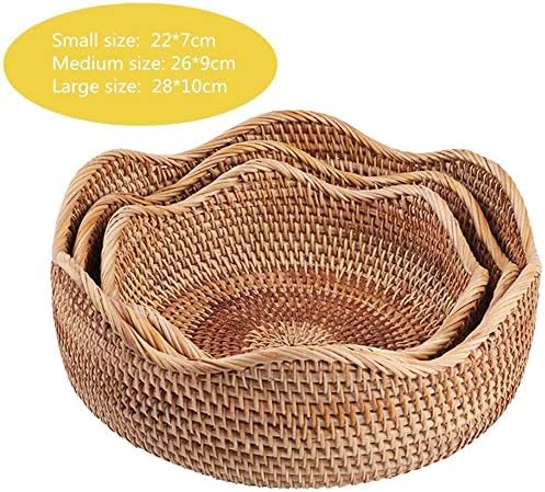 Handmade Rattan Round Fruit Basket Food Storage Bowls Kitchen Organizer Snack Serving Bowl 9 10 Inch Wavy Edge Circle Tray Basket with 3” Deep Wall, Boho Décor Display Tray Bowl (2-Size Kit)