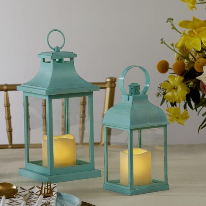 Kate Aspen LED Vintage Decorative Blue Lantern - Marrakesh (Set of 2) -Rustic Home Farmhouse Décor Lantern, One Size