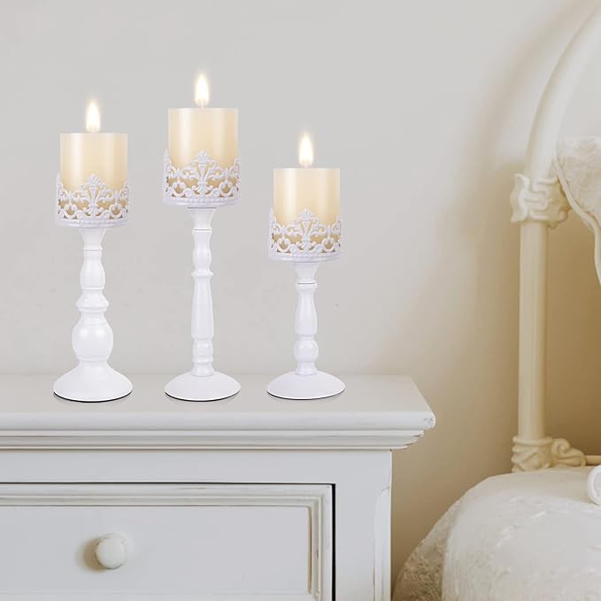 Candle Holders for Pillar Candles Set of 3 White Vintage Tall Candle Holders Decorative Large Table Centerpieces Candle Stand Decor