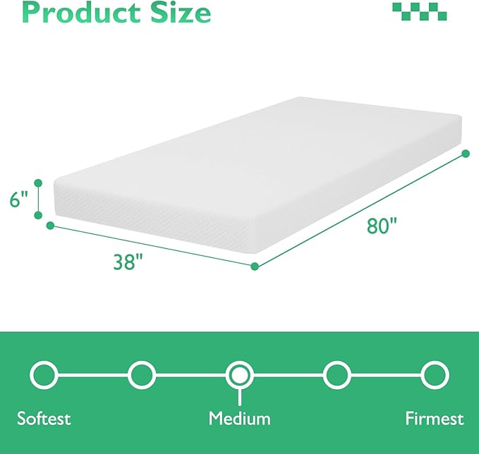FDW | 6 Inch Twin XL Mattress | Medium Firm | Gel Memory Foam Mattress | White | Bed in a Box, CertiPUR-US Certified | Pressure Relief, Cooling Ventilated Foam | Washable Removable Cover