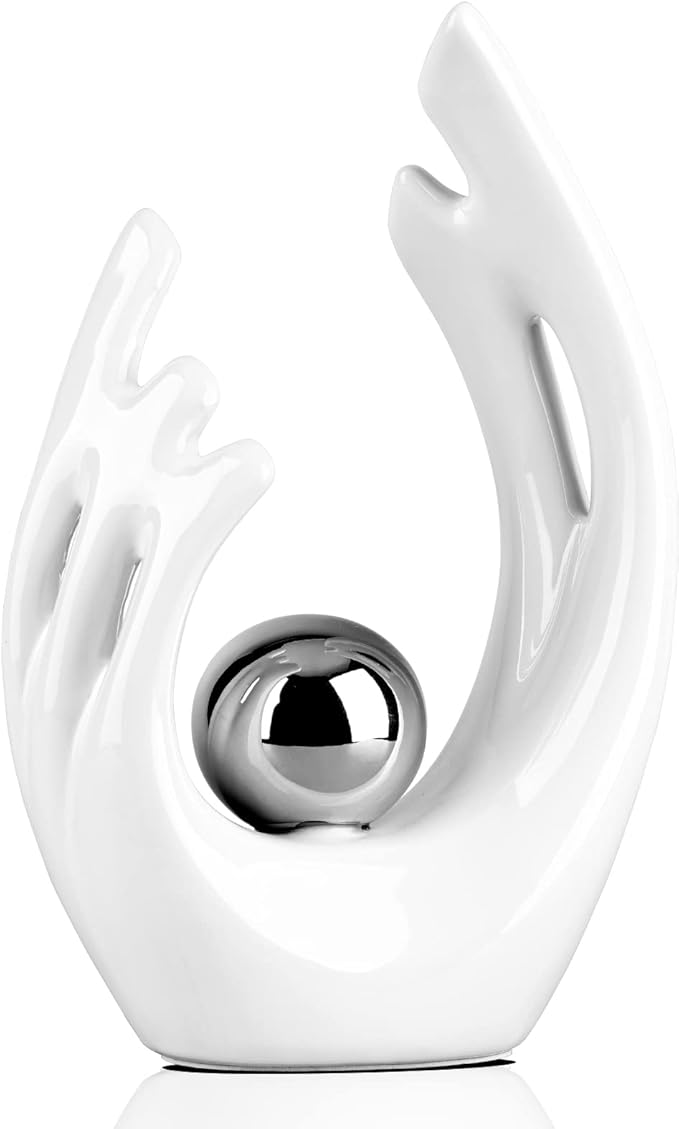 9.5" H White Silver Aesthetic Room Decor Accent, TV Stand Funky Table Centerpiece, Abstract Art Ceramic Statue and Sculpture, Silver Decor for Living Room, Bookshelf Decorative Objects, Shelf Decor
