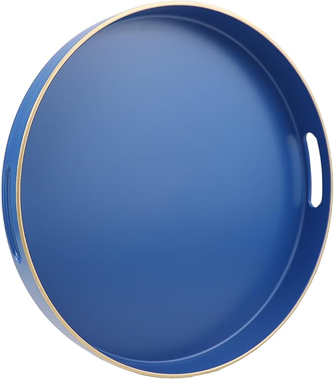 Royal Blue Round Decorative Tray with Handles, 13" Versatile Serving Tray for Coffee Table, Ottoman, Ideal for Serving, Displaying, Organizing