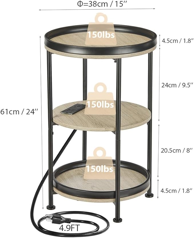 Dulcii Round Side Table with Charging Station, End Table with 3 Shelves for Living Room, Bedroom Nightstand for Small Spaces, Industrial Round Sofa Table with Steel Frame (USB+Oak)