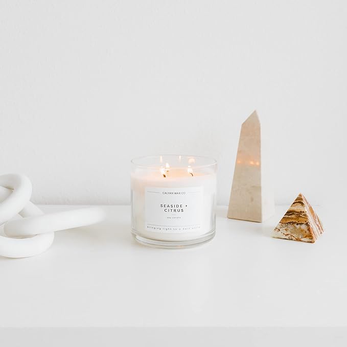 Calyan Wax Co. 3 Wick Candle, Seaside + Citrus Scented Candle, 43 Hour Burn Time, 3 Wick Soy Candles, Non Toxic & Vegan Soy Wax, Glass Jar Scented Candles, 14.9oz