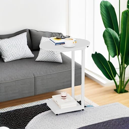 Hosfais Small Side Table End Table, C Shaped Oval Coffee Table, Wooden TV Tray for Living Room, Bedroom, Couch, Small Spaces (White)