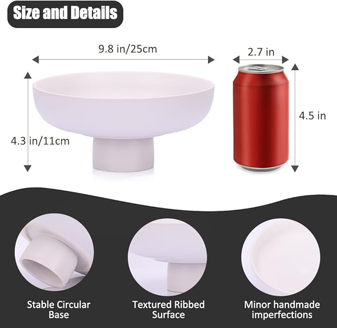 Modern Large White Fruit Bowl - Concrete White Pedestal Decorative Bowls, Handicraft Multi-Functional Key, Candy Bowl, Centerpiece for Entry Table, Kitchen Island Counter, Coffee Table Home Decor