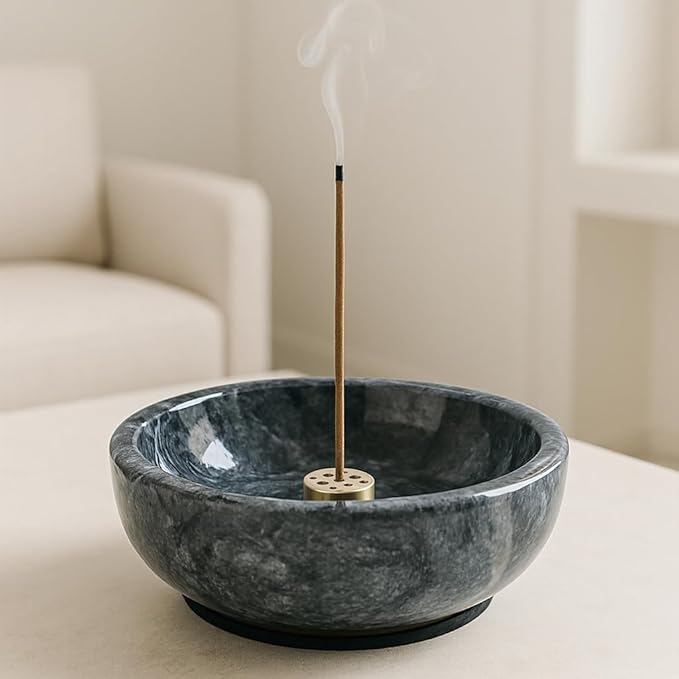 Marble Incense Holder Bowl with Brass Burner – Natural Hand-Polished Stone Incense Burner for Sticks, Cones, Palo Santo & Sage – Ash Catcher for Meditation, Yoga & Home Decor