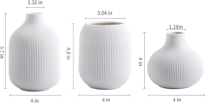 White Ceramic Vases for Decor, Modern Minimalist Decorative Vase Set of 3, Neutral Small Ribbed Vases for Table Shelf Decor, Bookshelf Entryway Decoration Vase