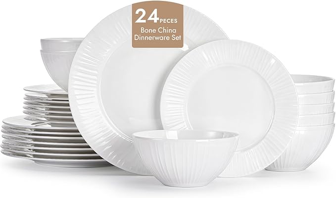 KINGSTONE Bone China Dinnerware Set, 24-Piece White Lightweight Porcelain with Textured Design Service for 8, Plates, Bowls, for Family Dining, Restaurants, Gifting，Microwave and Dishwasher Safe