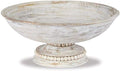 Mud Pie Beaded Wood Pedestal Bowl, White, 6" x 14" dia