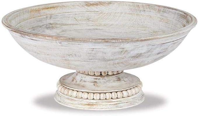 Mud Pie Beaded Wood Pedestal Bowl, White, 6" x 14" dia