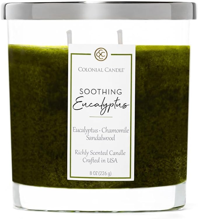 Colonial Candle Soothing Eucalyptus Scented Candle Jar, Highly Fragranced Candles for Home Scented, Mottled Wax Candle, 2 Wick, 8 oz - Made in The USA