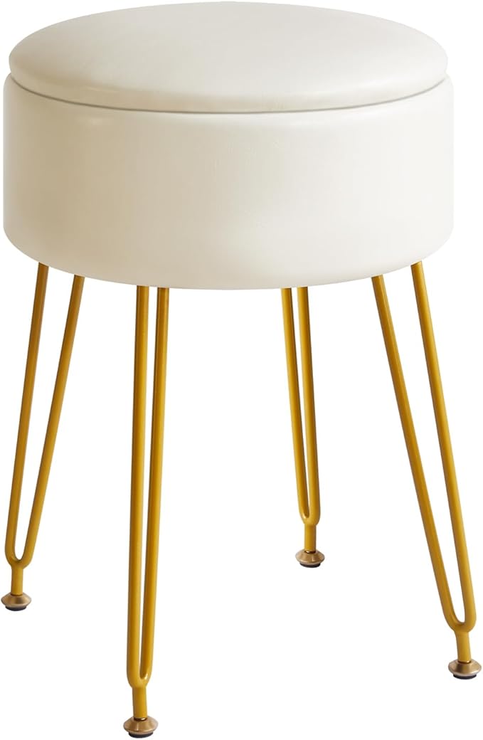 IBUYKE Faux Leather Round Footrest Stool with Storage Ottoman, Makeup Vanity Chair Side Table, PU Dressing Table Seat, Removable Cover, Golden Steel Legs, White WBD024W
