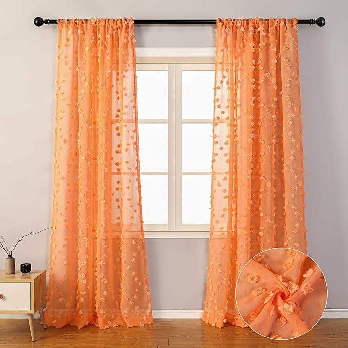 MYSKY HOME Pom Pom Orange Sheer Curtains for Bedroom Girls Room Curtains 72 Inches Long for Nursery Kids Light Filtering Boho Window Drapes, Rod Pocket, 52" Wide, 2 Panels