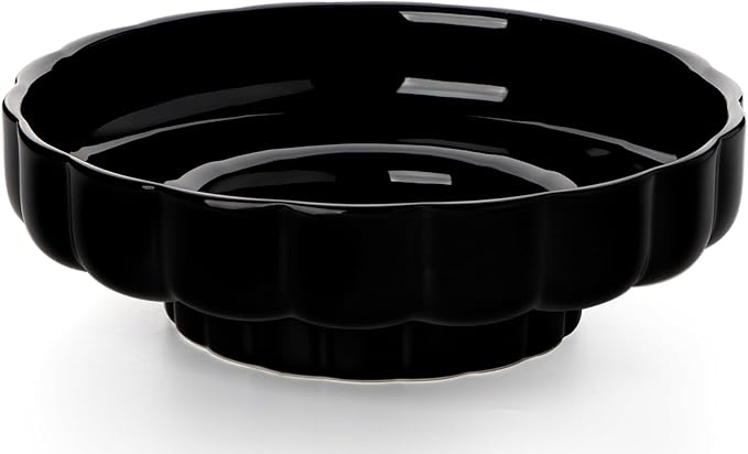 Nucookery Ceramic Petal Fruit Bowl for Kitchen Counter, 11 Inch Modern Decorative Bowl, Elegant Fruit & Vegetable Storage Container, Large Bread Basket, Black