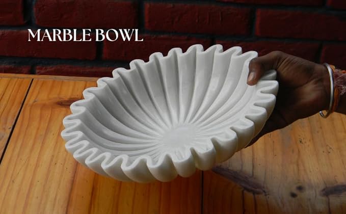 Handcrafted marble bowl decorative/Antique Scalloped bowls/catch all fluted Fruit Bowl/Vintage Ring Dish/ruffle marble bowl/white bowls/coffee table decor/Urli (10)