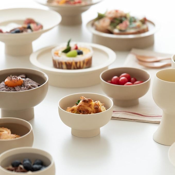 High-foot Fruit Bowl, Ceramic Pedestal Decorative Bowl, Round Bowl for Salad, H2.55" × W4.5" Small Size, 8.4oz, Matte Crème