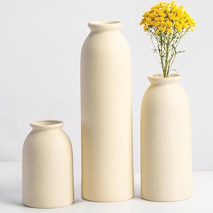 10.4 inches Tall Decorative Ceramic Vase Set, 3 Pieces, Nordic Modern Boho Style, White, for Home Decor (Beige)