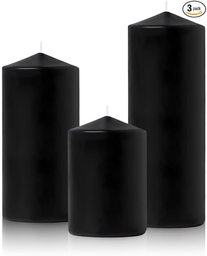 Set of 3 Different Size Black Pillar Candles, Unscented Dripless Large 3x4 3x6 3x8 Inch Long Lasting Cylinder Column Wax Candles for Halloween Home Table Decor Power Outage Emergency Hurricane