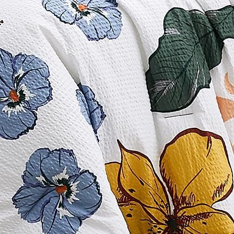 CASAAGUSTO Queen Comforter Set, 7 PCS White Floral Comforter Set with Flowers Leaves Pattern, Soft Seersucker Design All Season Microfiber Queen Size Bedding Set (90"X90"