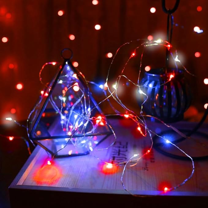 Christmas Fairy Lights Decorations, 4-Pack Red White and Blue Battery Operated Lights with Timer, Waterproof 16FT 50 LED String Light Indoor Outdoor for Xmas Tree Party Home Memorial Day DIY Decor