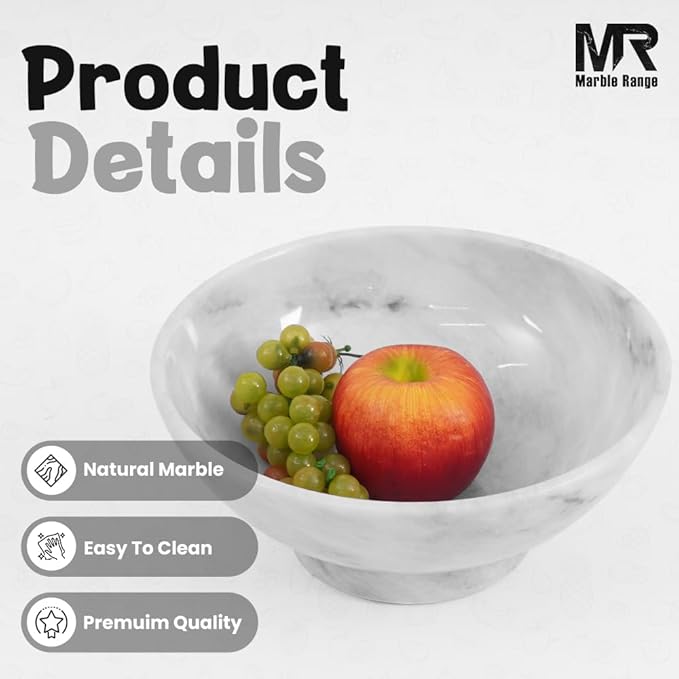 Marble Fruit Bowl 10 Inch Handmade White Bowls for Kitchen Counter, Dining & Coffee Table Centerpiece - Large Decorative Fruits Holder, Salad & Candy Bowl for Countertop Aesthetic, Home Decor Bowl