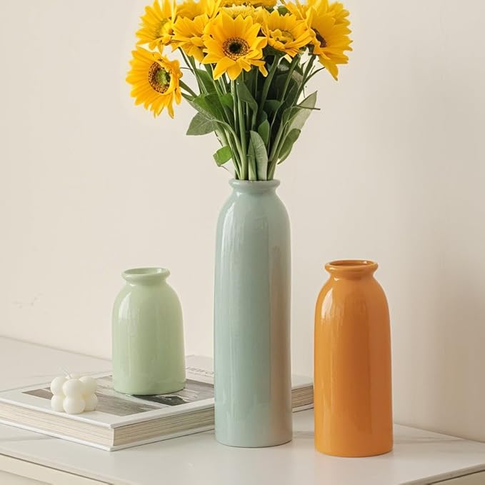 10.4 inches Tall Decorative Ceramic Vase Set, 3 Pieces, Nordic Modern Boho Style, White, for Home Decor (Colorful)