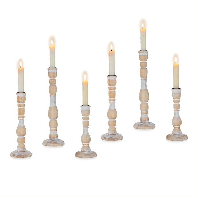 NUPTIO Taper Candle Holders Boho: Set of 6 Tall Wooden Candlestick Holder for Thanksgiving Table Centerpieces Decoration